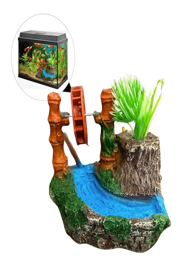 PET FUN Water Wheel Oasis Aquarium Decoration - Resin Watermill Fish Tank Ornament with Artificial Plant - Hiding Spot for Betta, Shrimp & Small Fish - Aquascaping Accessory for Freshwater & Saltwater - Image 2